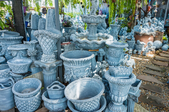 Bangkok, Thailand - August , 07, 2021 : Beautiful large clay plant pot in a garden supply store at Bangkok, Thailand
