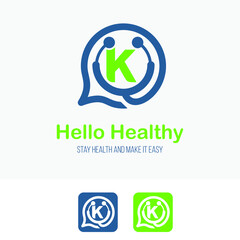 Initial k Letter with stethoscope and bubble speech for health care consultant service business logo design template. Hospital Clinic Call Center Icon Symbol design template.