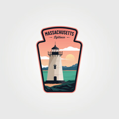 massachusetts lighthouse logo vintage label patch illustration design - obrazy, fototapety, plakaty