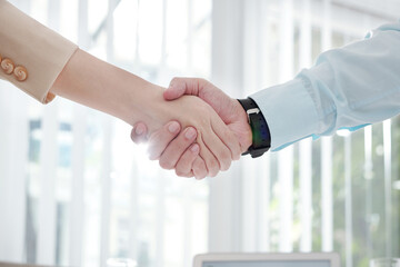 Business people shaking hands to confirm deal after meeting in office