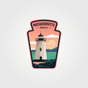 Massachusetts Lighthouse Logo Vintage Label Patch Illustration Design