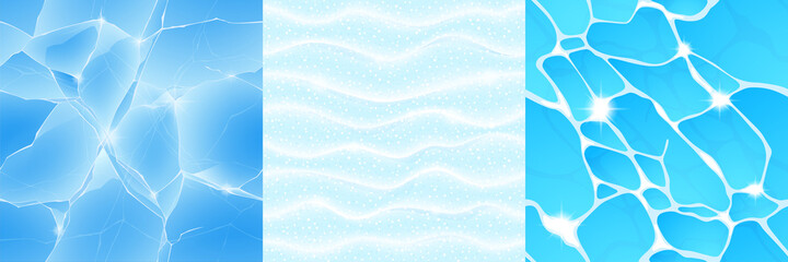 Game textures of ice, snow and water seamless pattern top view. Cartoon textured backgrounds, frozen and liquid surface, graphic design templates, ui or gui landscaping layers, Vector illustration