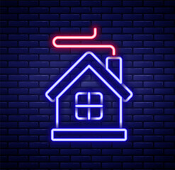 Glowing neon line Merry Christmas house icon isolated on brick wall background. Home symbol. Colorful outline concept. Vector