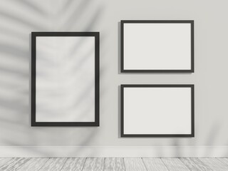3d render of white blank photo frame for mock up with shadow of leave and roof. Minimal interior poster frame for advertising text branding.