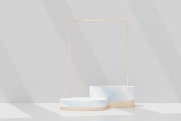 3d abstract background white podium for product presentation and brand advertising with shadow of windows and roof. Empty scene for mock up.