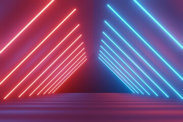 3d render of RGB neon light on darkness background. Abstract Laser lines show at night. Ultraviolet spectrum beam scene