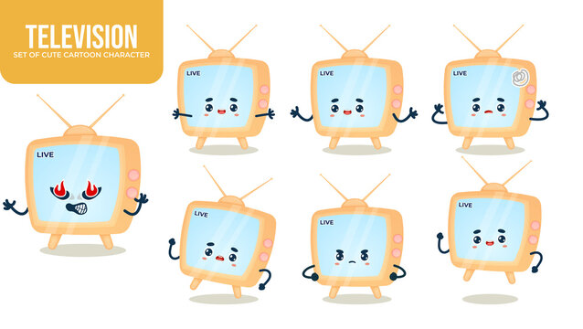 Set of cute television cartoon character with different poses Premium Vector