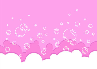  Soap bubbles and foam pink background. Effervescent and fizzy bubble border. Suds pattern. Vector cartoon illustration