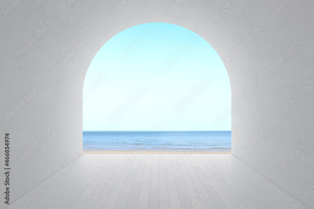 Poster 3d rendering of arch tunnel and wooden floor on sea background.