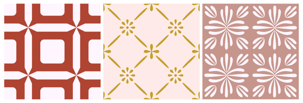 Tile portugal flower seamless pattern set. Geometric background. Traditional azulejo repeat ornament. Vector monochrome pattern collection. Abstract vintage print for fabric,packaging.Scrapbook paper