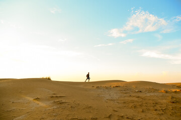 A man walks on the sand against the sky.
