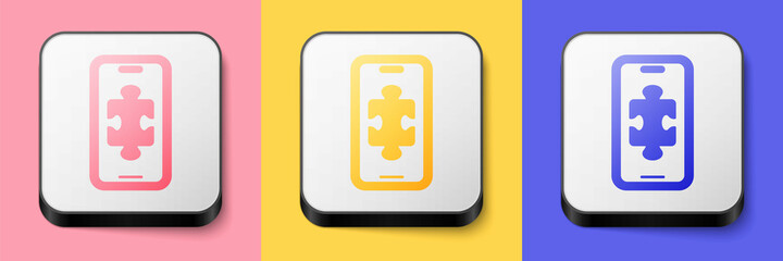 Fototapeta premium Isometric Smartphone and playing in game icon isolated on pink, yellow and blue background. Mobile gaming concept. Square button. Vector