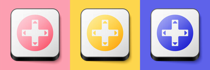Fototapeta premium Isometric Game controller or joystick for game console icon isolated on pink, yellow and blue background. Square button. Vector