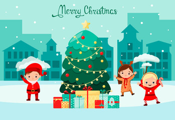 Christmas card. Children in costumes near the Christmas tree. Flat design.
