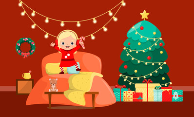 Cute girl jumps on the bed next to the Christmas tree with gifts. A holiday card. Flat design.
