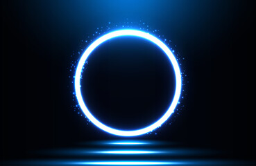 Circle neon light effect on dark background, futuristic techno concept