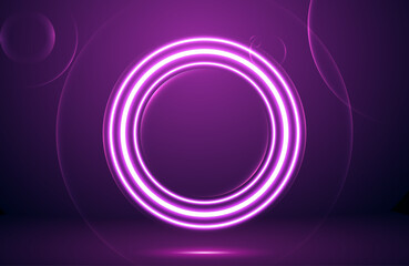Circle neon light effect on dark background, futuristic techno concept