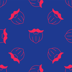 Red Mustache and beard icon isolated seamless pattern on blue background. Barbershop symbol. Facial hair style. Vector