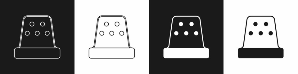 Set Thimble for sewing icon isolated on black and white background. Vector