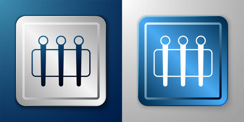 White Needle for sewing icon isolated on blue and grey background. Tailor symbol. Textile sew up craft sign. Embroidery tool. Silver and blue square button. Vector