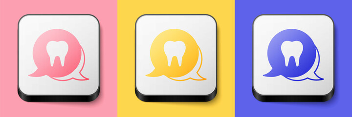 Isometric Tooth icon isolated on pink, yellow and blue background. Tooth symbol for dentistry clinic or dentist medical center and toothpaste package. Square button. Vector