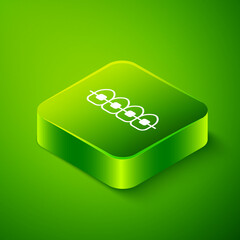 Isometric Teeth with braces icon isolated on green background. Alignment of bite of teeth, dental row with with braces. Dental concept. Green square button. Vector