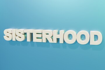 3Dレンダリング／3Dイラスト）水色の壁に立体的なSISTERHOODの文字　フェミニズム　女性