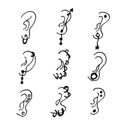 Vector hand drawn piercing  in ears, earrings,  icons set. 