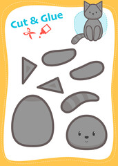 Cut and Glue Worksheet. Education paper game. Grey sitting cat