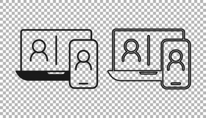 Black Video chat conference icon isolated on transparent background. Online meeting work form home. Remote project management. Vector