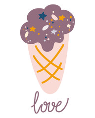 Ice cream in a waffle cup. Sweet dessert. Boho style. Perfect for printing postcards restaurants menus. Hand Draw Vector illustration. Isolated on the white background.