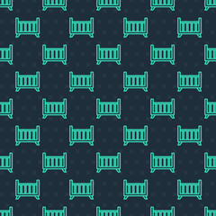 Green line Baby crib cradle bed icon isolated seamless pattern on blue background. Vector