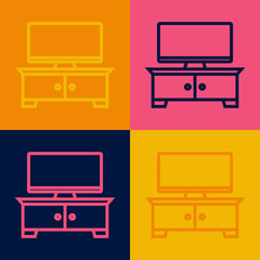 Pop art line TV table stand icon isolated on color background. Vector
