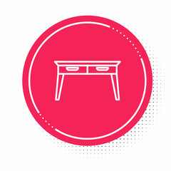 White line Office desk icon isolated on white background. Red circle button. Vector