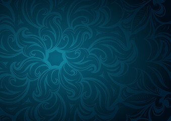 Floral dark blue gradient wallpaper with stylized flowers and foliage patterns, dark background, vector illustration for covers, cards, advertisements, flyers, labels, posters, banners and invitations
