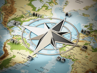 Vintage compass symbol showing the directions on the world map. 3D illustration