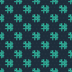 Green line Tic tac toe game icon isolated seamless pattern on blue background. Vector