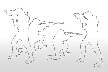 Vector line military silhouettes set
