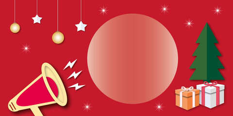 Red megaphone with gift, bauble, star and Christmas tree on red background. Sale banner Merry Christmas and Happy New Year concept. Festive winter holiday backdrop. copy space. paper art design style.