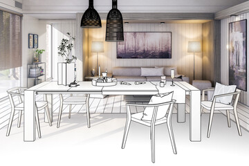 Modern Furnishings Inside an Living Room Designed in White Wood (planning) - 3D Visualization