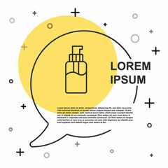 Black line Bottle of liquid antibacterial soap with dispenser icon isolated on white background. Disinfection, hygiene, skin care concept. Random dynamic shapes. Vector