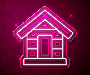 Glowing neon line Dog house icon isolated on red background. Dog kennel. Vector