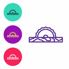 Set line Electric circular saw with steel toothed disc icon isolated on white background. Electric hand tool for cutting wood or metal. Set icons colorful. Vector