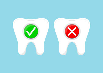 Tooth with check marks icon set. Dental true or fiction and wrong or correct test question. Flat cartoon design teeth clip art vector illustration.