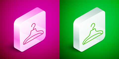 Isometric line Hanger wardrobe icon isolated on pink and green background. Cloakroom icon. Clothes service symbol. Laundry hanger sign. Silver square button. Vector