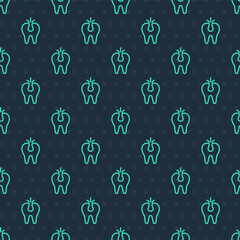 Green line Broken tooth icon isolated seamless pattern on blue background. Dental problem icon. Dental care symbol. Vector
