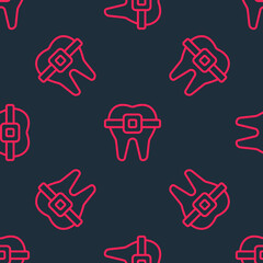 Red line Teeth with braces icon isolated seamless pattern on black background. Alignment of bite of teeth, dental row with with braces. Dental concept. Vector
