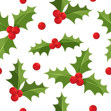 Seamless pattern with Christmas holly berries. New Year picture. It can be used to decorate holiday packages, wrapping paper, textiles. Vector illustration on a white isolated background.
