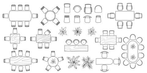 Kitchen and dining room furniture  top view. Set of architectural elements for interior design of house, apartment, office. Interior icon, equipment, tables, chairs, sink. Furniture symbol set. Vector © Volha