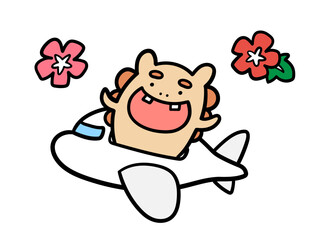 沖縄のかわいいシーサーが飛行機に乗って旅行する手書き風イラスト